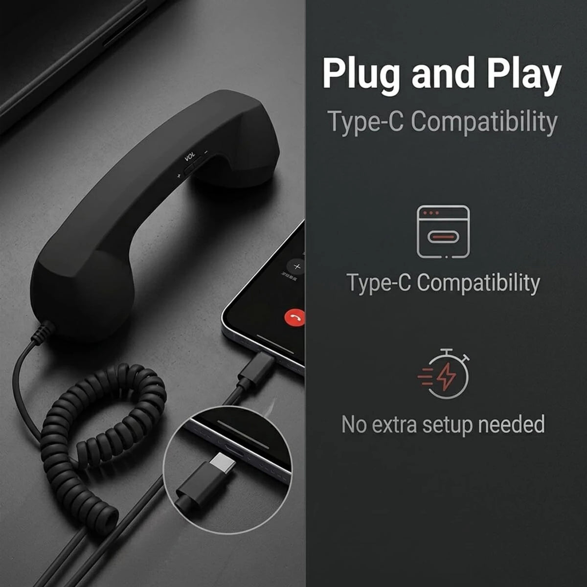 RetroVibe Type-C Retro Phone Handset – Classic Vintage Style Phone Receiver | Wired Handset Smartphone Microphone Portable Gift PC Tablet Hybrid Work Call Video Conference | Buy 1 Get 1 Free | Only - 799