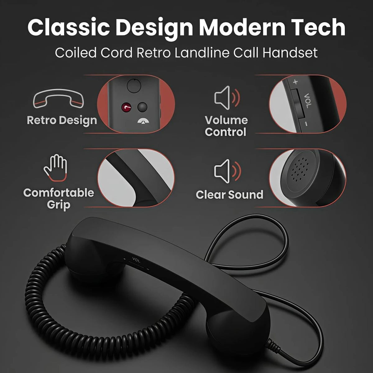 RetroVibe Type-C Retro Phone Handset – Classic Vintage Style Phone Receiver | Wired Handset Smartphone Microphone Portable Gift PC Tablet Hybrid Work Call Video Conference | Buy 1 Get 1 Free | Only - 799