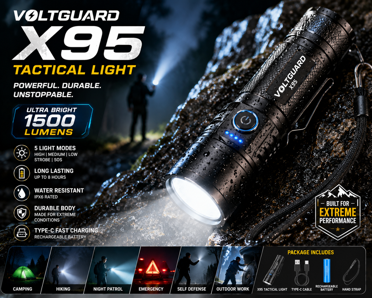 🛡️ VoltGuard X95 – Rechargeable LED Torch | Powerful LED Torch for Home, Travel & Outdoor Use | Buy 1 Get 1 Free