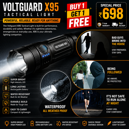 🛡️ VoltGuard X95 – Rechargeable LED Torch | Powerful LED Torch for Home, Travel & Outdoor Use | Buy 1 Get 1 Free