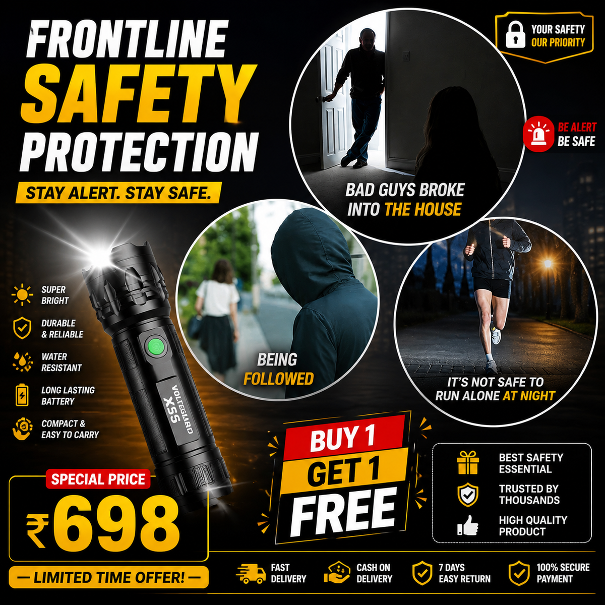🛡️ VoltGuard X95 – Rechargeable LED Torch | Powerful LED Torch for Home, Travel & Outdoor Use | Buy 1 Get 1 Free